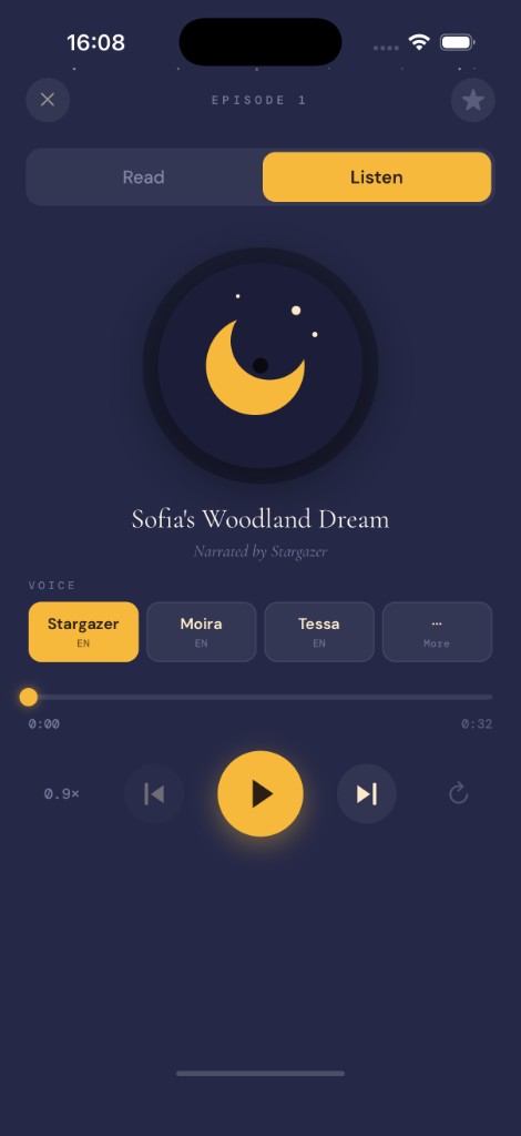MoonQ app — Listen mode playing Sofia's Woodland Dream with voice and playback controls